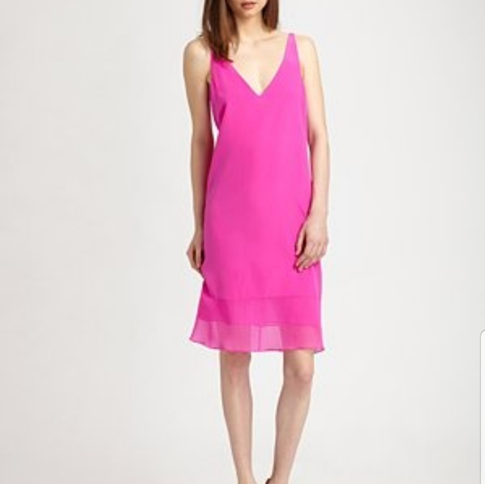 Tibi Hannah Hot Pink Silk Chiffon Sleeveless Semi-Sheer Hem Slip Dress Size 10
